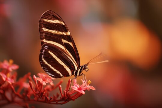 Zebra longwing butterfly resting on blossom