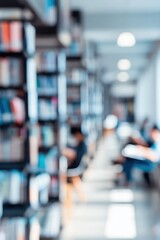 Fototapeta premium Students studying in blurred library aisle with bookshelves