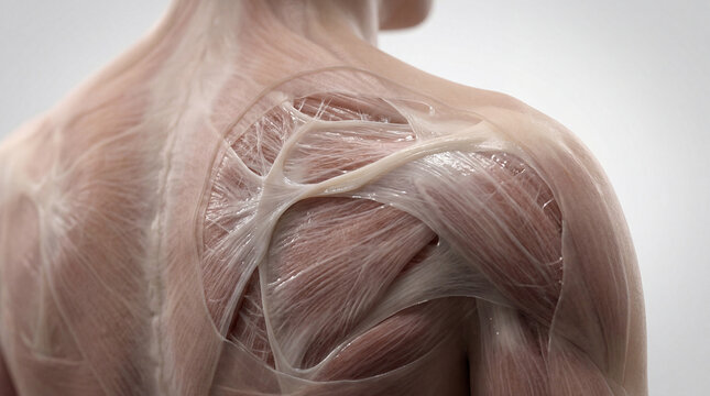 Delicate veil revealing the intricate human shoulder and upper back muscles with their embracing connective tissues, a study in vital anatomy