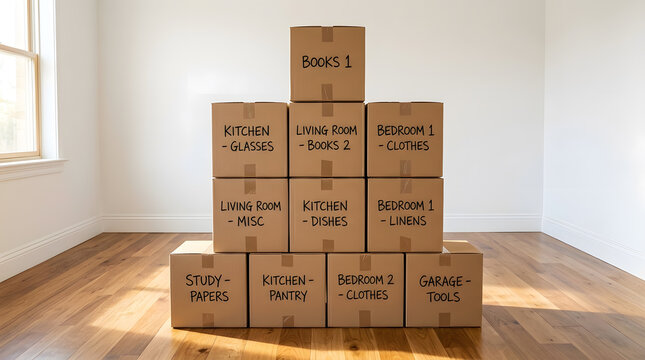 Stacked Cardboard Moving Boxes in Empty Room | Labeled Packing Cartons for Relocation | Organized Storage for House Move | Logistics and Real Estate Concept | New Beginning Background Wood Floor