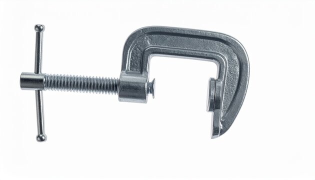Metal C clamp tool isolated on white background, industrial equipment for holding objects