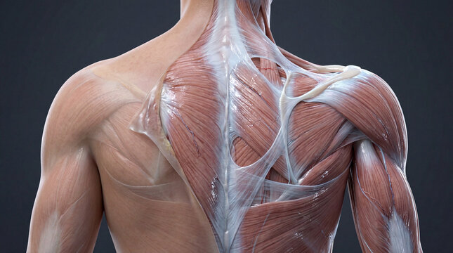 Unveiling the intricate muscular tapestry of the human back and shoulder in a detailed anatomical display