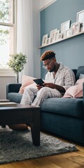 Obraz premium Young man reading tablet while seated on living room sofa