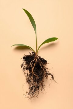 Green seedling suspended with soil and roots on beige