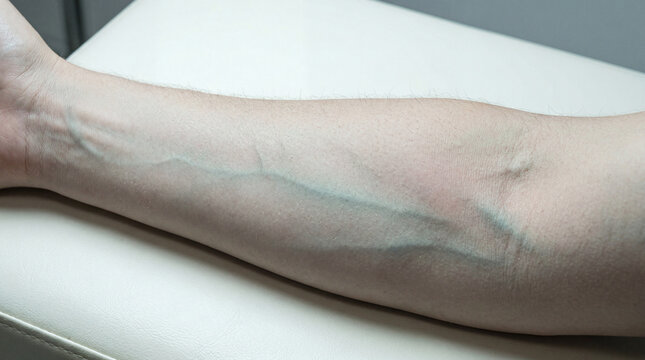 Subtle rivers of life flowing beneath pale skin on a human arm, an intricate map of internal pathways revealed during a calm moment on a medical bench