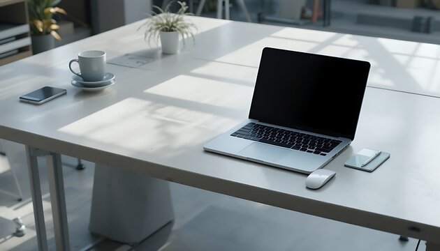 Professional Office Workspace Mockup with Laptop Coffee Cup and Smartphone, High Angle View of Modern White Desk in Bright Sunlit Studio, Tech Gadgets for Business Lifestyle and Productivity
