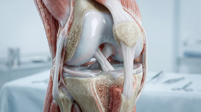 Exquisite anatomical journey into the human knee revealing bones cartilage and vital ligaments in a sterile room