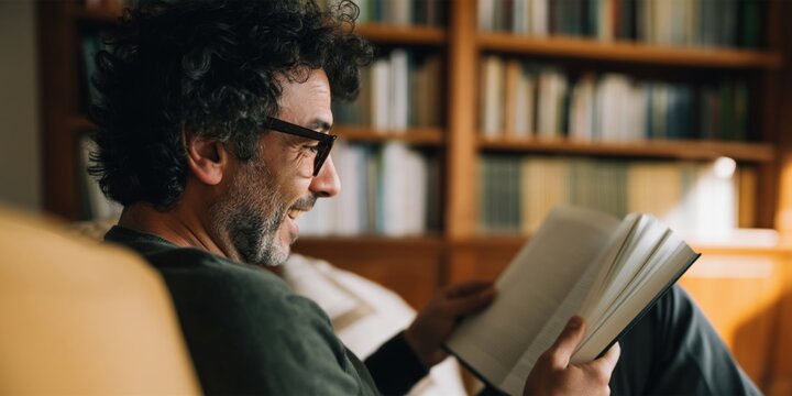 Middle aged man reading book while seated in home library
