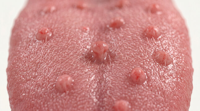 Exploring the intricate landscape of a human tongue revealing a vibrant tapestry of taste and texture papillae on its surface