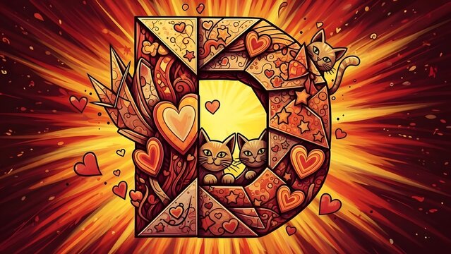A Vibrant and Whimsical 'D' Design Filled with Hearts and Adorable Kittens on a Fiery Burst Background