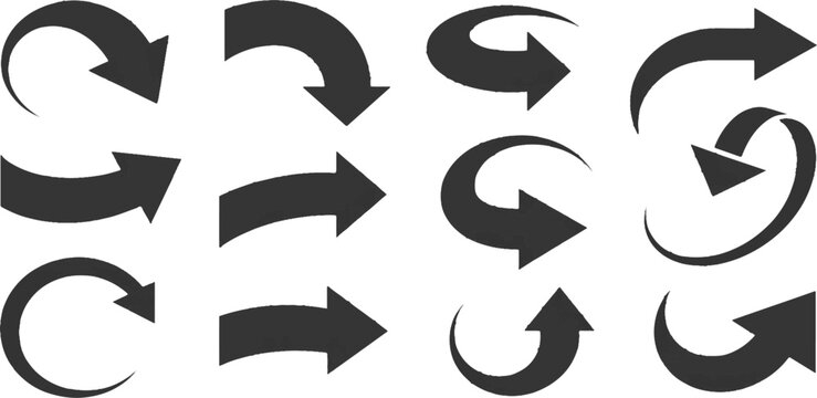 Bold black curved ribbon and swoop arrows pointing in different directions graphic design collection art vector illustration.