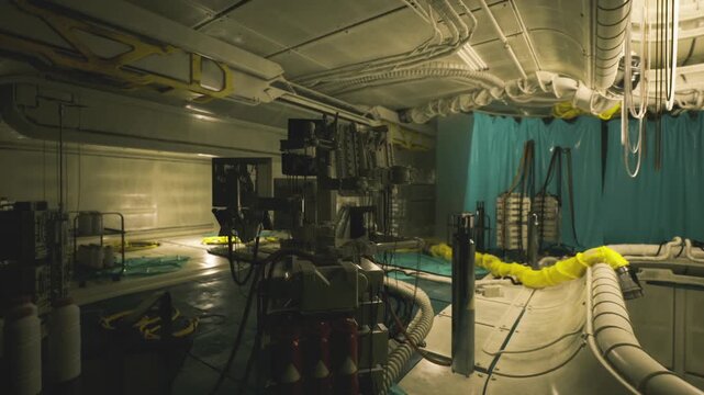 Dim submarine engine room with tangle of hoses and cables, shadowy industrial atmosphere, clustered control units and service racks, damp metal surfaces