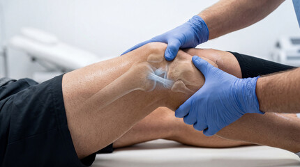 Obraz premium Healing touch exploring the intricate knee joint anatomy in a sterile clinical setting for optimal patient care