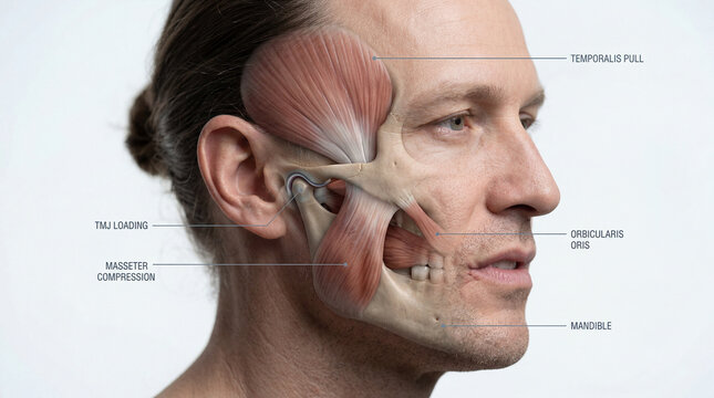 Unveiling the intricate architecture of human facial muscles and jaw mechanics, showcasing mastication's dynamic forces on a male head