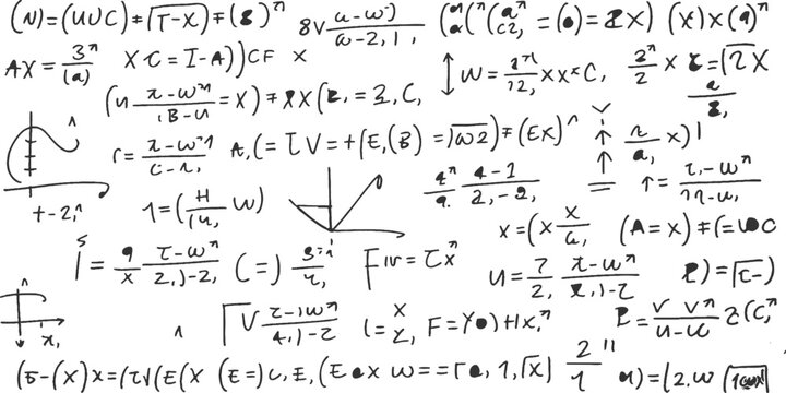 Complex handwritten mathematical formulas equations and geometry charts on white background educational study concept vector illustration art.