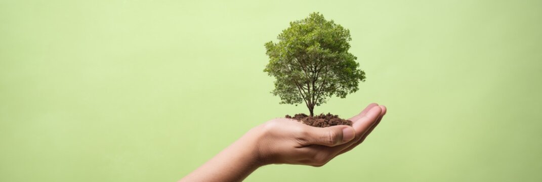 Hand holding small tree sapling supporting growth on green background