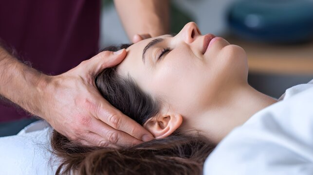 face therapy on a woman. Professional therapist performing craniosacral therapy on a woman. Holistic healing treatment in a calm spa clinic. Gentle hands providing physical wellness relief.