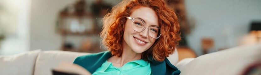 Obraz premium Red haired woman smiling while sitting on living couch