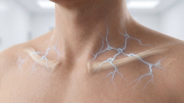 Ethereal neural pathways gracefully branch across the human clavicles in a fascinating anatomical display