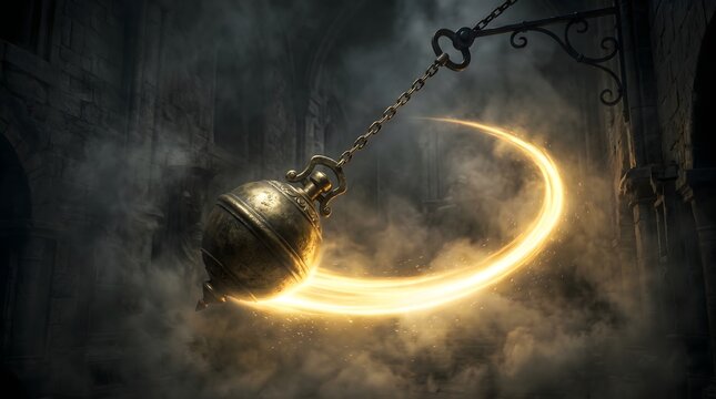 Golden pendulum swinging through a dark misty gothic cathedral hall creating a bright streak of light in an ancient mysterious stone room