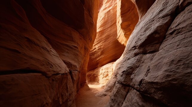 Narrow sandstone canyon with illuminated walls and textured rock formations, showcasing natural erosion patterns and warm light filtering through the opening