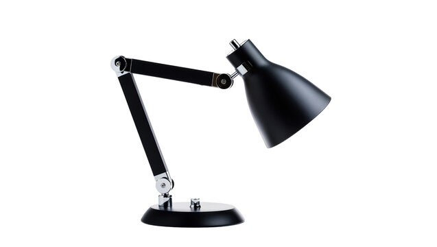 Black articulated desk lamp with chrome joints, isolated on transparent background
