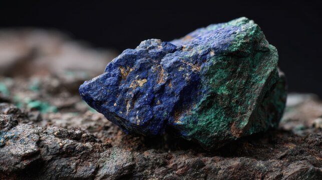 Close-up of a vibrant blue and green mineral rock specimen with rough texture, showcasing natural geological formations on a dark background