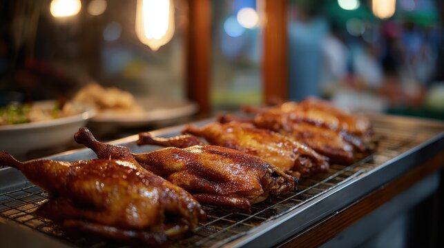Grilled whole chickens arranged on a wire rack in a street food market, illuminated by warm lights, with blurred background of food stalls and customers