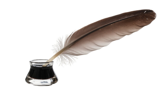 Brown feather quill dipping into black ink in a glass inkwell, isolated on transparent background
