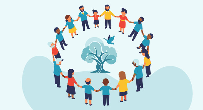 A diverse group of people form a circle holding hands around a tree