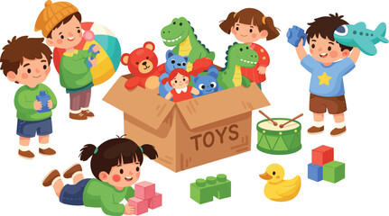 Fototapeta premium Children Playing with Toys Vector Illustration Featuring Toy Box, Blocks, Stuffed Animals, and Playful Kids for Fun and Educational Design.
