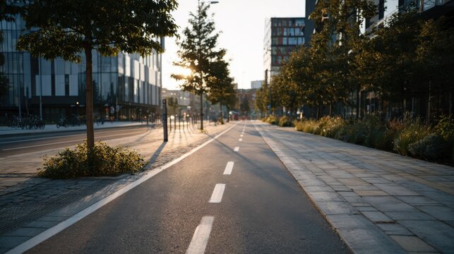 Urban bicycle lane with smooth asphalt surface, bordered by trees and modern buildings, illuminated by warm sunlight during early evening hours