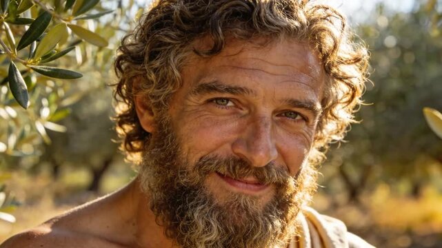 philosopher Smiling man with curly hair and beard in sunlit olive grove. Authentic portrait of a wise and natural individual.