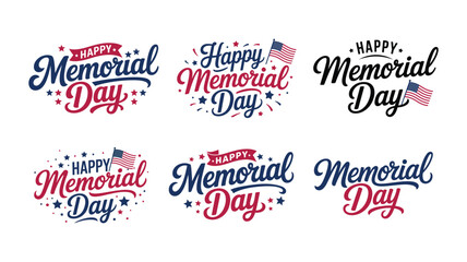 Set of happy memorial day typography designs with american flag and star elements. © Anukul Debnath