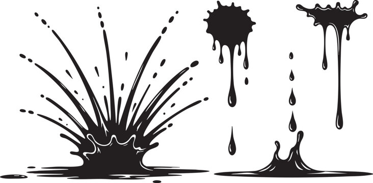 Black ink splatters and dripping effects with explosion pattern