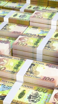 Solomon Islands 100 Dollar Banknotes Stack Vertical 3D Animation with Slow Camera Movement, SBD Currency Money HD Video for Mobile