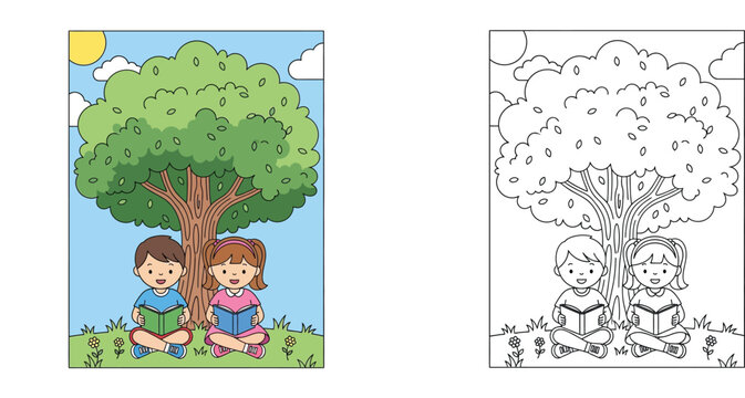 Happy Children Reading Books Under a Large Green Tree Outdoors, Set of Color Illustration and Black and White Line Art Coloring Page for Kids Education and Literacy Activities