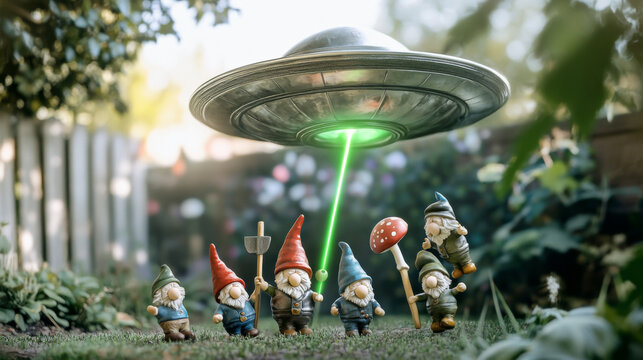 Garden gnomes encountering UFO with green light in whimsical scene