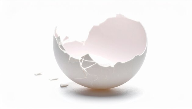 Cracked eggshell pieces isolated on white background, minimal food concept, high detail texture