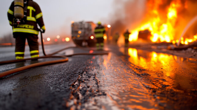 Fire truck wheel with active fire scene in background