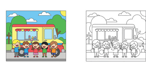 Naklejka premium Happy Children Getting Treats from an Ice Cream Truck in Summer, Set of Colored Illustration and Black and White Line Art Coloring Page for Kids Education and Activities