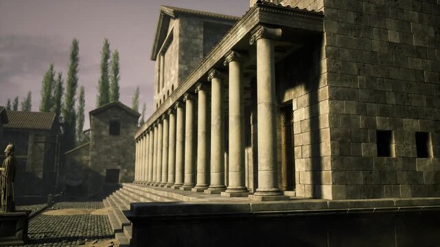 Quiet Antioch colonnade heritage walkway with scattered rubble and excavation traces, weathered stone blocks and distant cypress rows, atmosphere of preserved