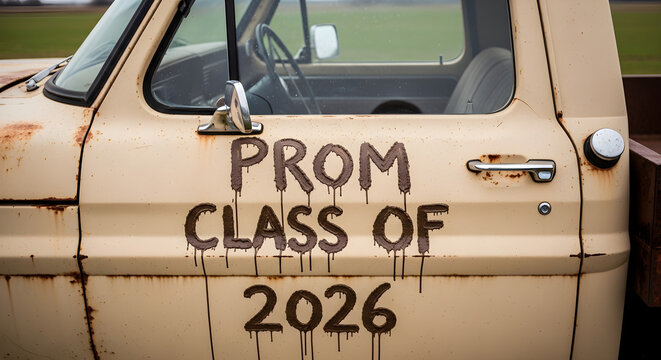 Vintage truck with prom class of 2026 text