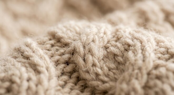 Close-up macro shot of beige knitted wool fabric with intricate cable knit pattern and soft focus background