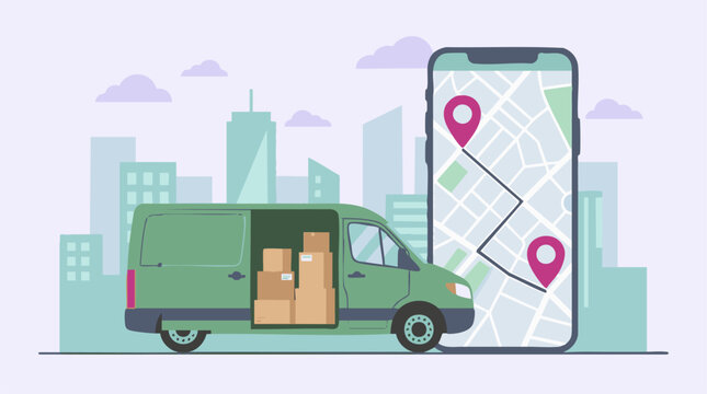 Delivery Van with Mobile Navigation App for Online Logistics and E-commerce