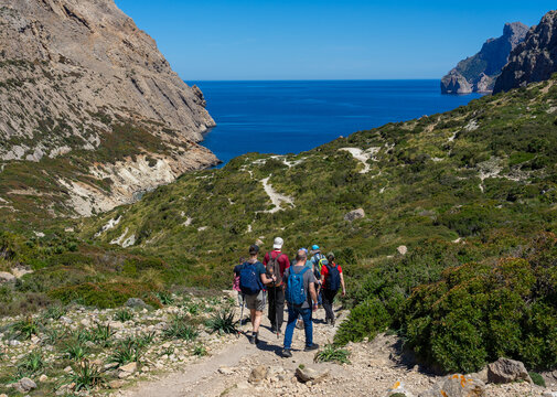 Wandern auf Mallorca, Spanien: Wandergruppe auf dem Weg zur Bucht, Strand - Cala B&oacute;quer N&auml;he Port de Pollenca, mit t&uuml;rkisgr&uuml;nem Meer