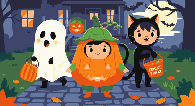 Three children dressed as a ghost, pumpkin, and cat on a sidewalk at night