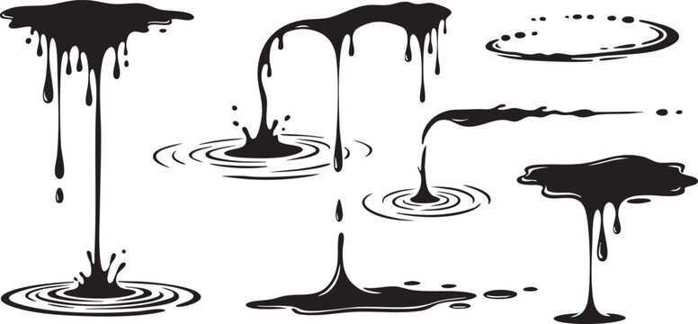 Black dripping liquid splatter and puddle vector illustration