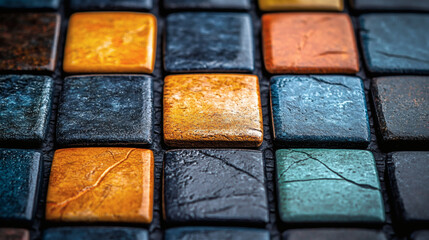 Fototapeta premium Close up of colorful square mosaic tiles with textured surfaces in earthy tones and metallic finishes arranged in a grid pattern showcasing their vibrant hues and artisanal craftsmanship for interior