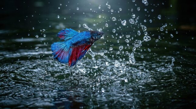 Blue and red betta fish leaping through splashing water in dynamic motion